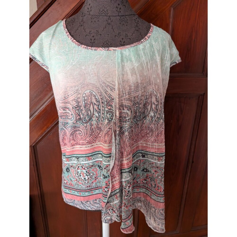 Sheer Paisley Print Asymmetrical Blouse Top Womens Size M By Energé World Wear